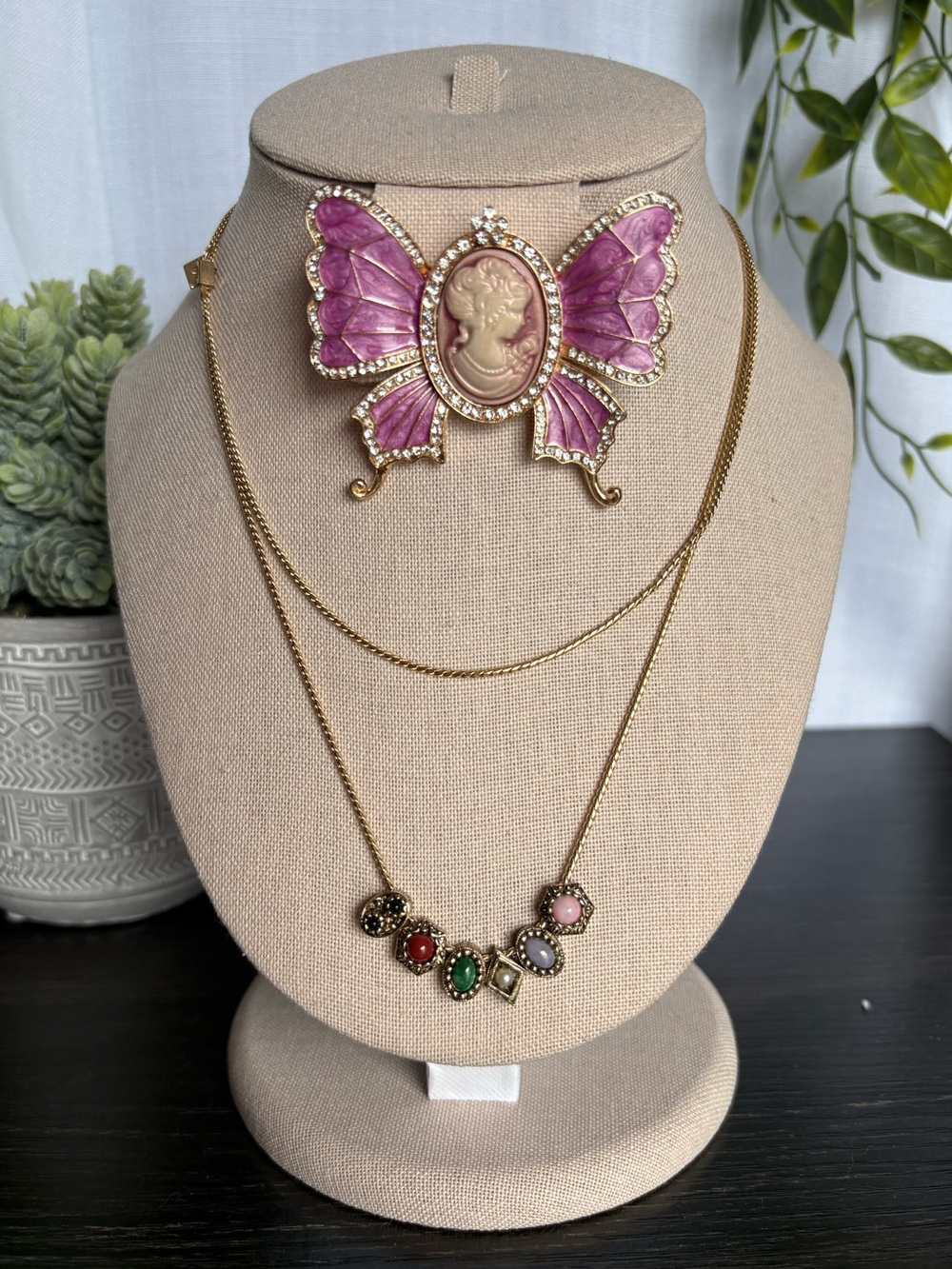 Vtg Sarah Coventry Gold Tone Multi Cabochon Station Long Slide Chain Necklace